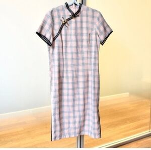 Pink Plaid Lace-Trim Qipao Dress